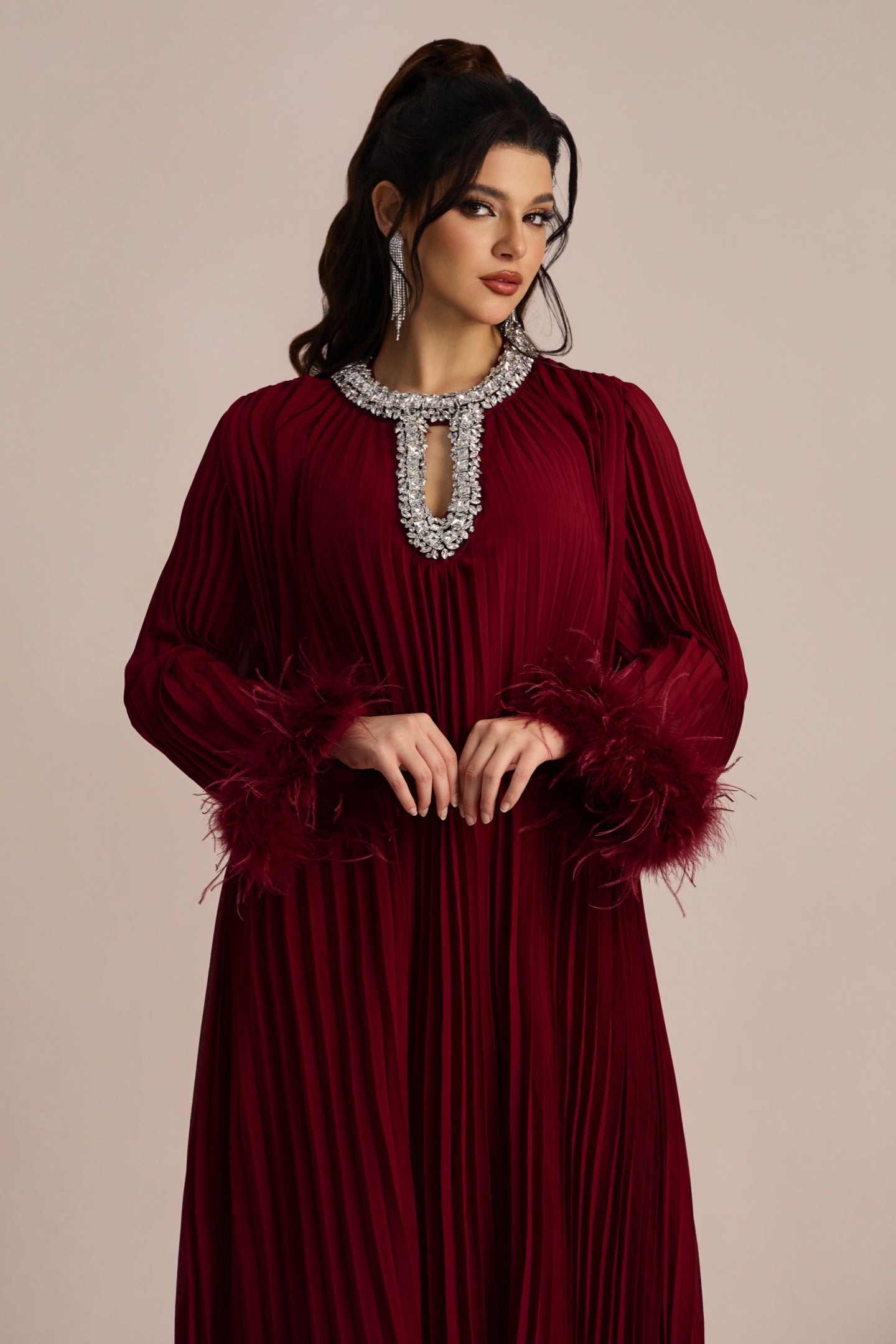 Yvonne Diamante Feathered Pleated Maxi Chiffon Dress