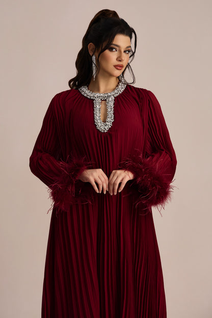 Yvonne Diamante Feathered Pleated Maxi Chiffon Dress