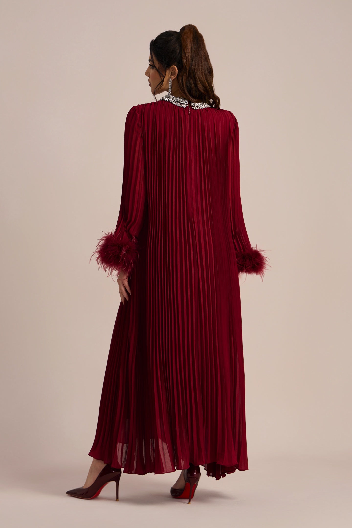 Yvonne Diamante Feathered Pleated Maxi Chiffon Dress