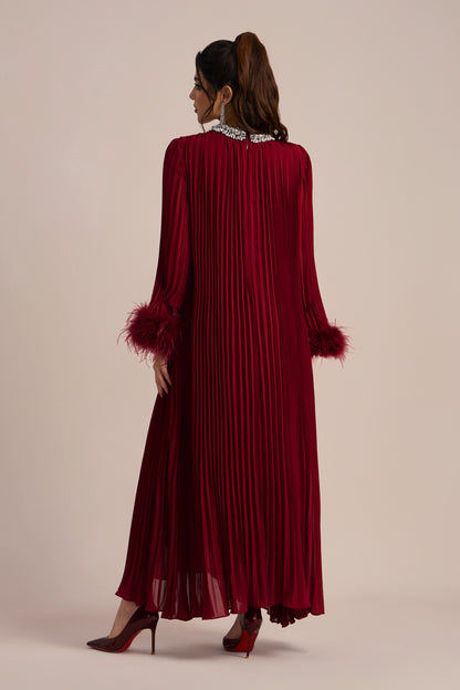 Yvonne Diamante Feathered Pleated Maxi Chiffon Dress