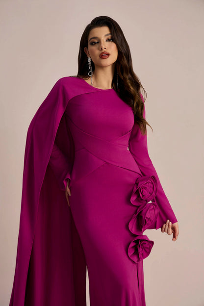 Vestido largo con abertura y capa floral Anastasia 