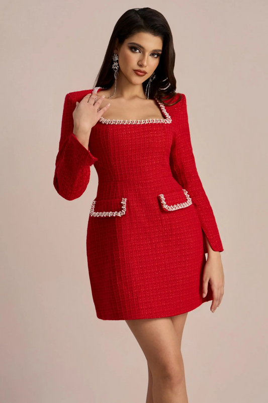 Camilla Square Neck Tweed Mini Dress