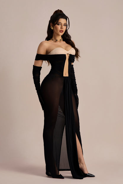 Vestido largo Amanda con escote en forma de cerradura y hombros descubiertos 