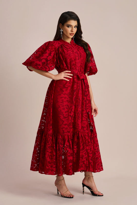 Vestido midi con cinturón y encaje bordado Emma 