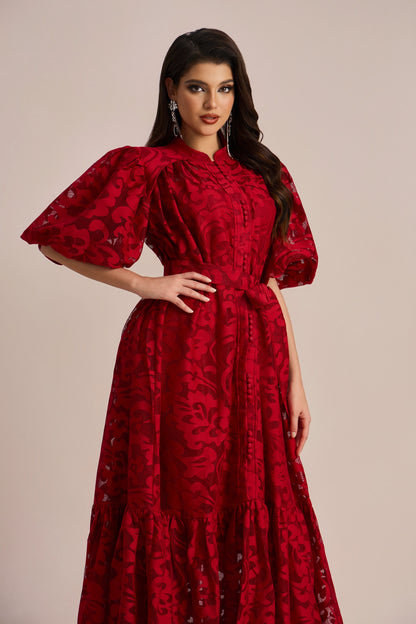 Vestido midi con cinturón y encaje bordado Emma 