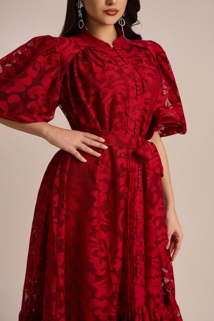 Vestido midi con cinturón y encaje bordado Emma 