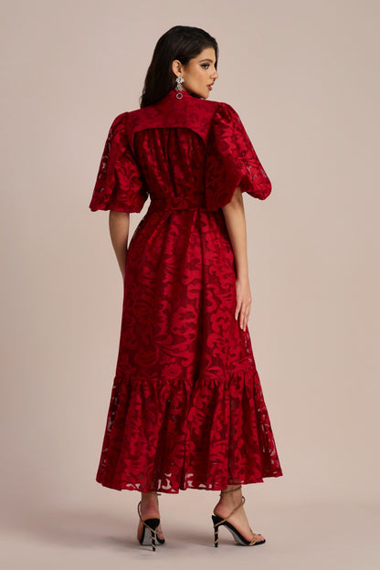 Vestido midi con cinturón y encaje bordado Emma 