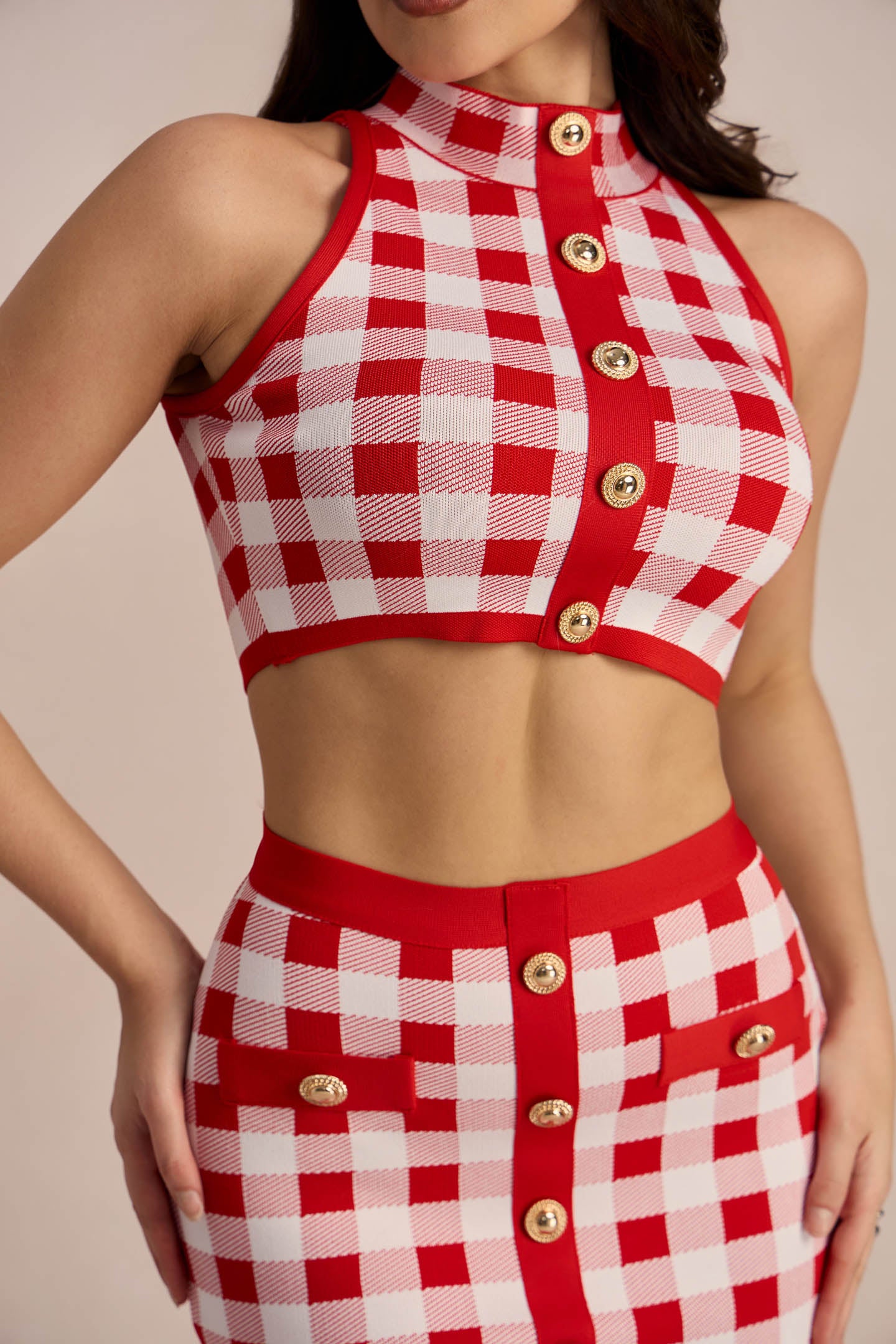 Conjunto de falda de vendaje con cuadros vichy de Natalie 