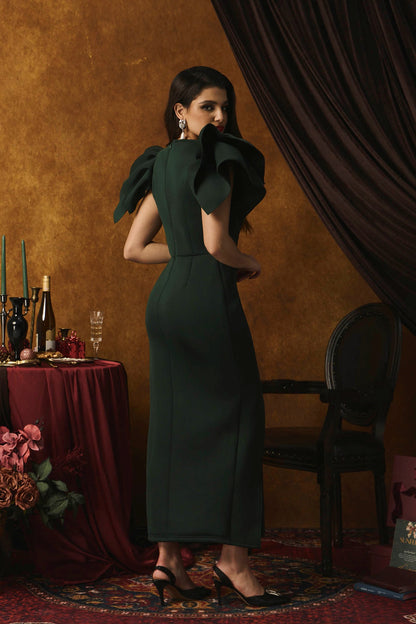 Vestido largo con abertura y mangas con volantes Ethel 
