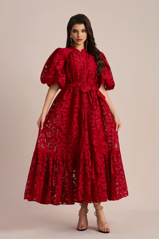 Vestido midi con cinturón y encaje bordado Emma 