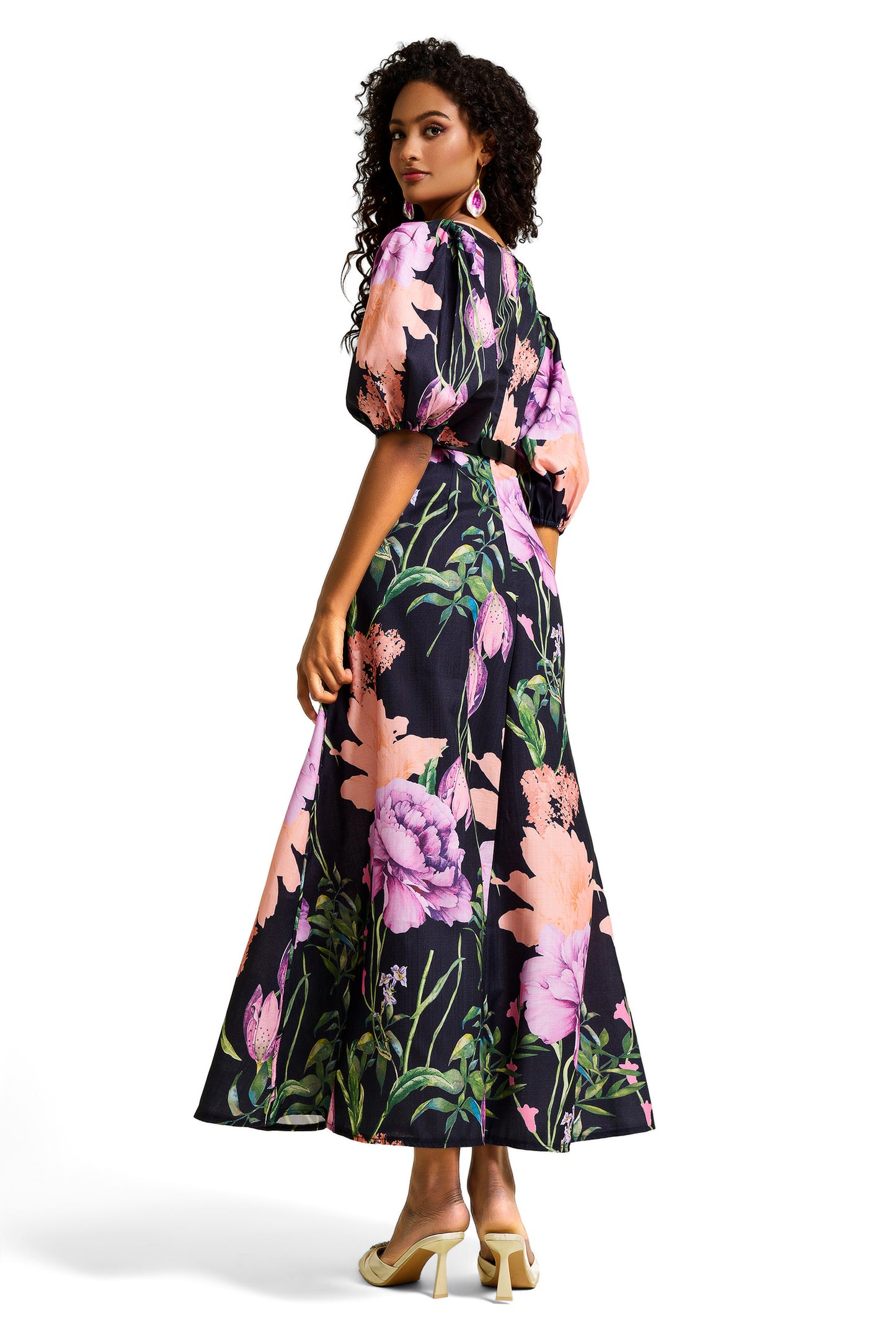 Vestido midi floral con escote en V y cinturón 