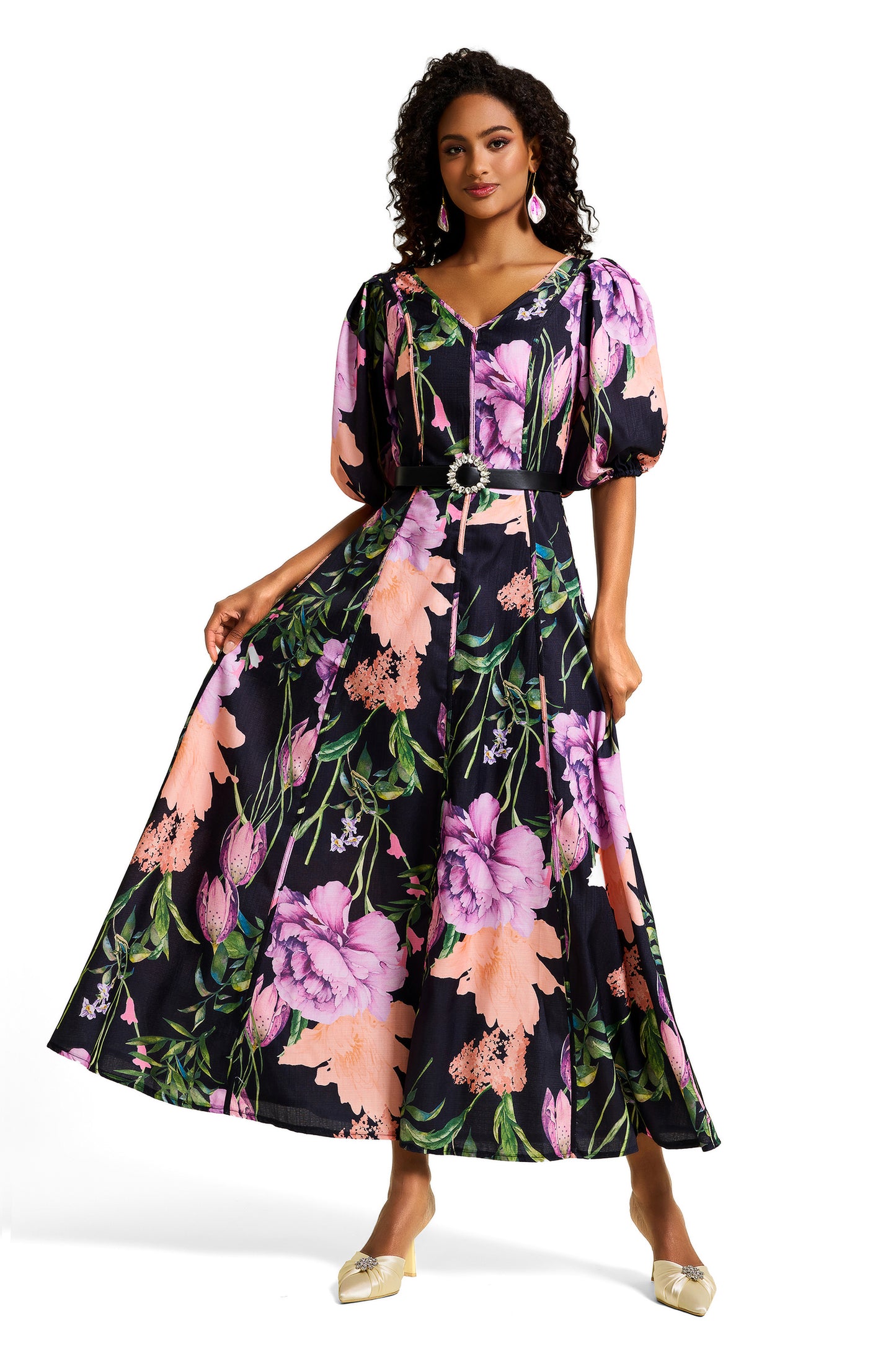 Vestido midi floral con escote en V y cinturón 