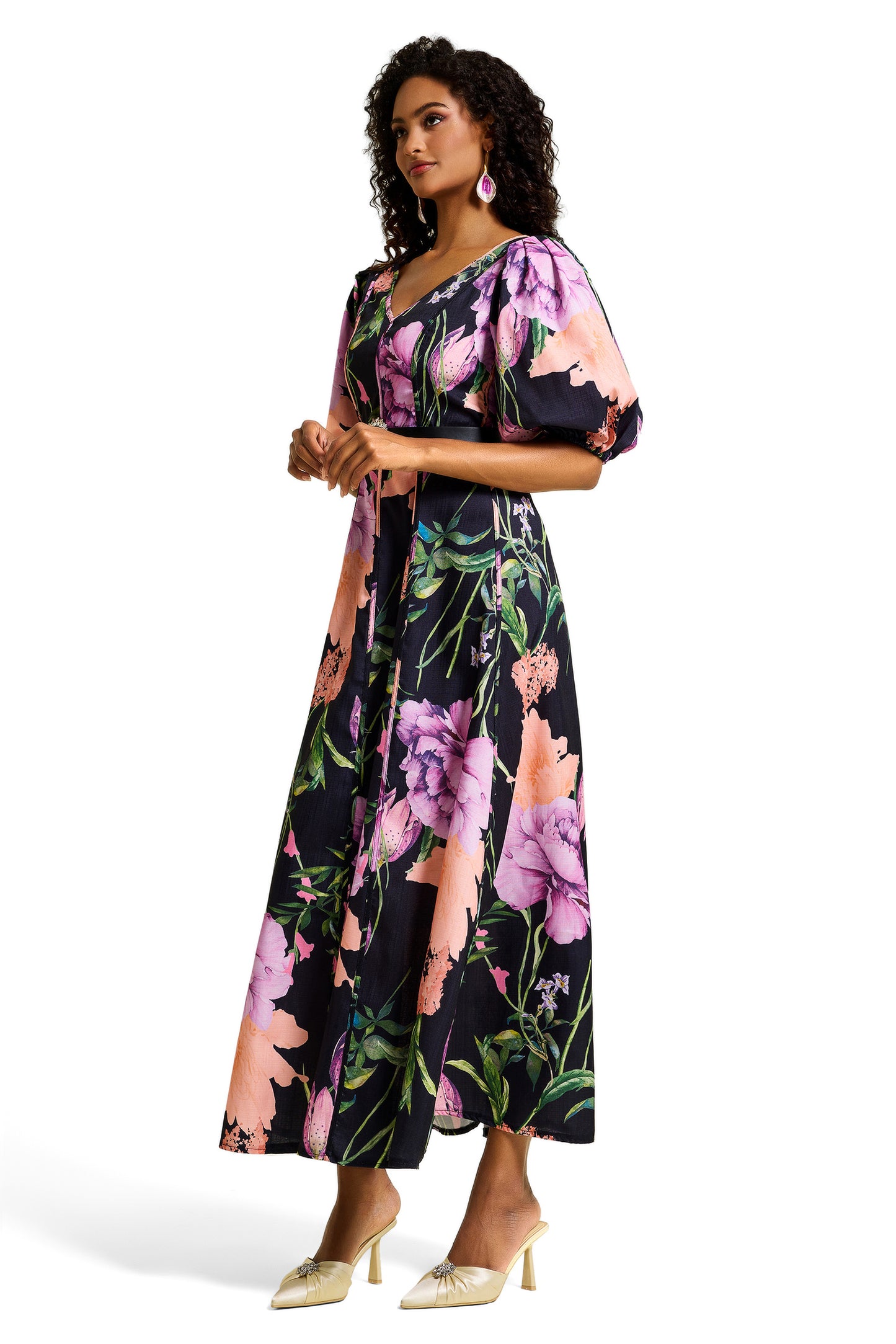 Vestido midi floral con escote en V y cinturón 