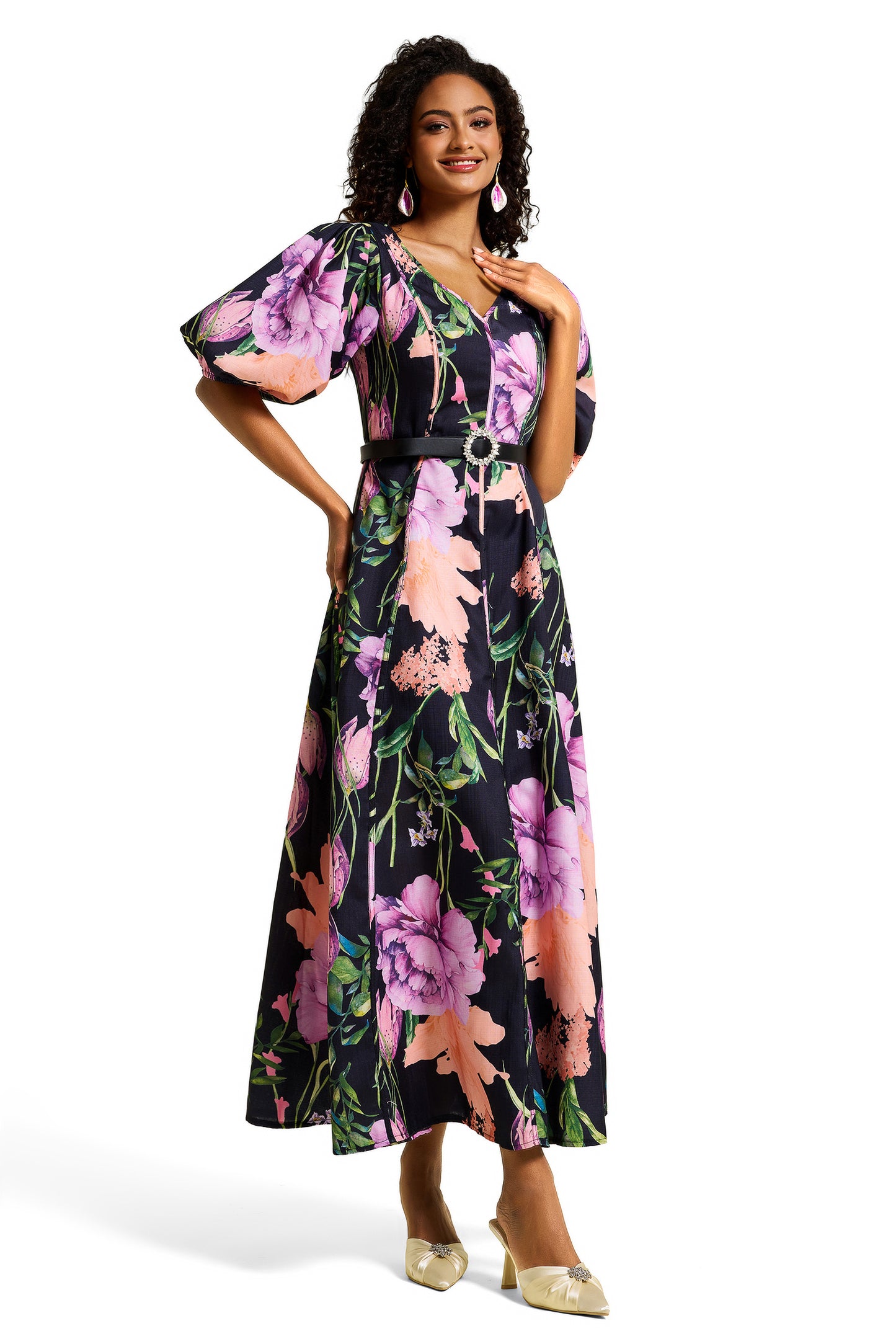 Vestido midi floral con escote en V y cinturón 