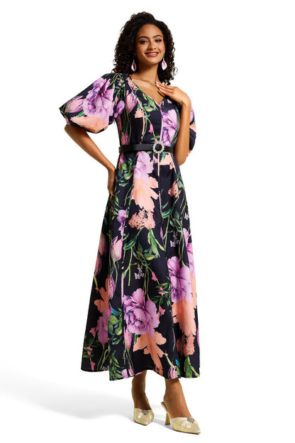 Vestido midi floral con escote en V y cinturón 