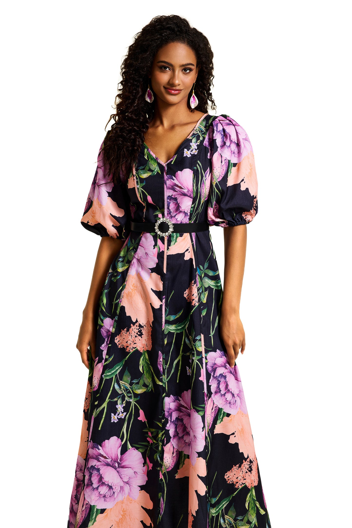 Vestido midi floral con escote en V y cinturón 