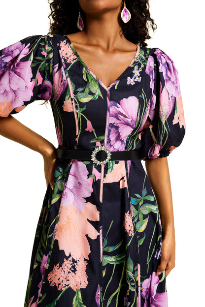 Vestido midi floral con escote en V y cinturón 