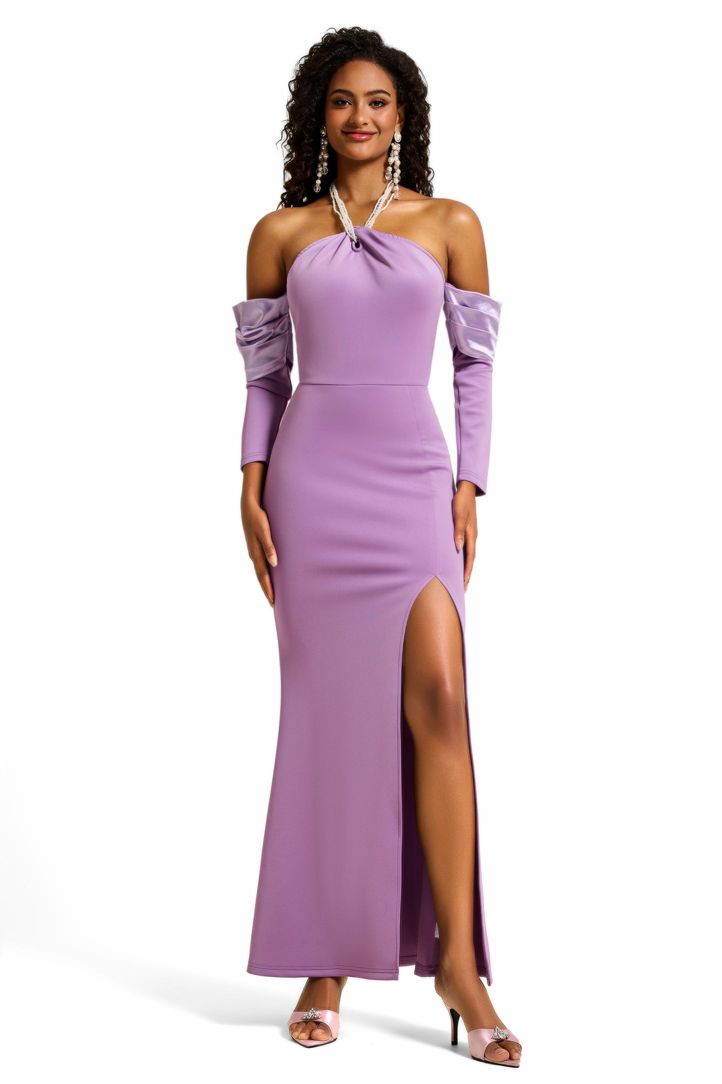 Faux Pearl Halter Neck Off-Shoulder Midi Dress