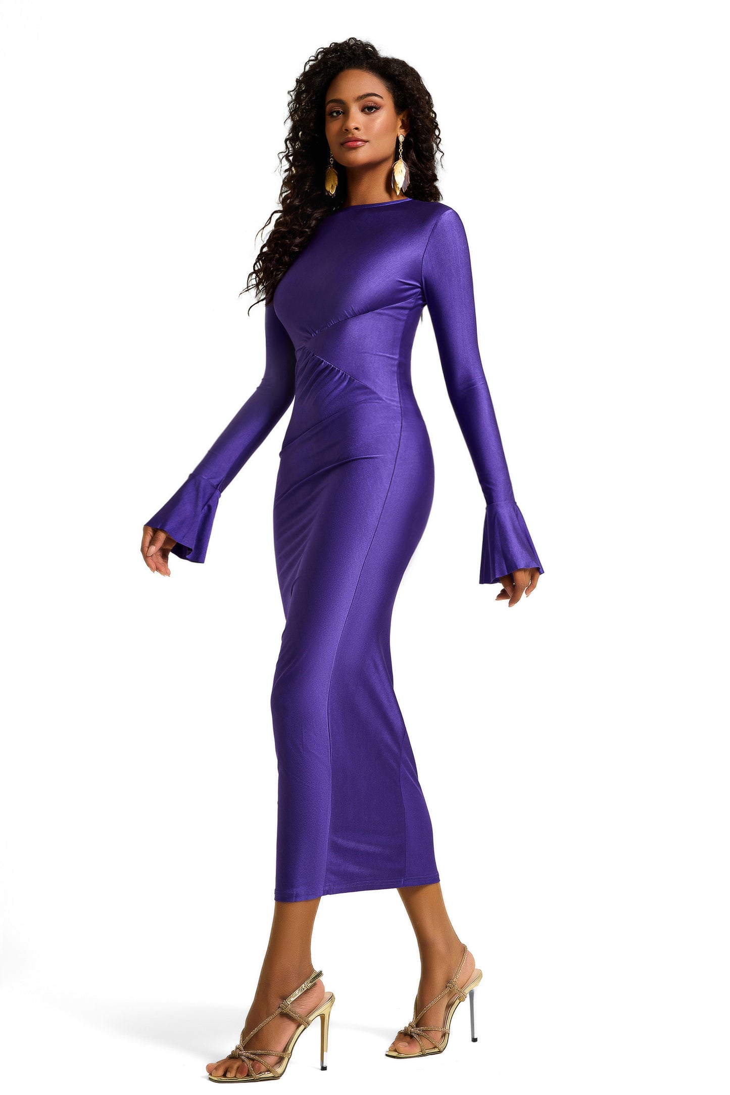 Vestido midi fruncido de jersey liso 