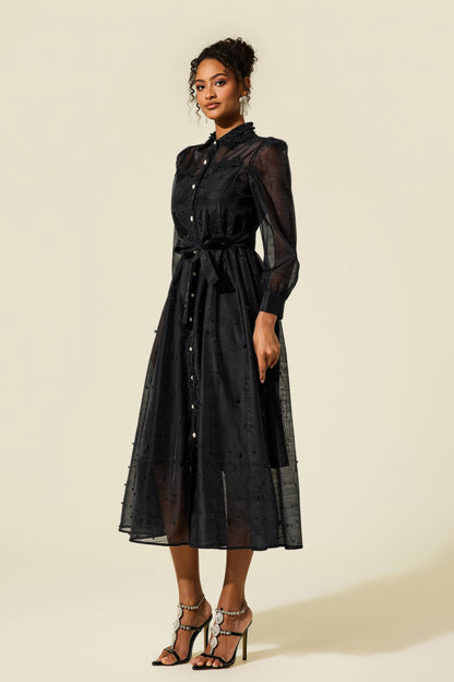 Vestido midi de manga larga con cuello camisero y perlas sintéticas 