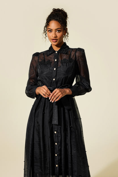 Vestido midi de manga larga con cuello camisero y perlas sintéticas 