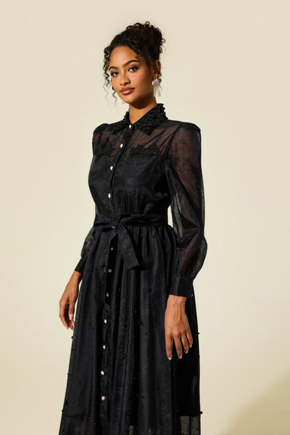 Vestido midi de manga larga con cuello camisero y perlas sintéticas 