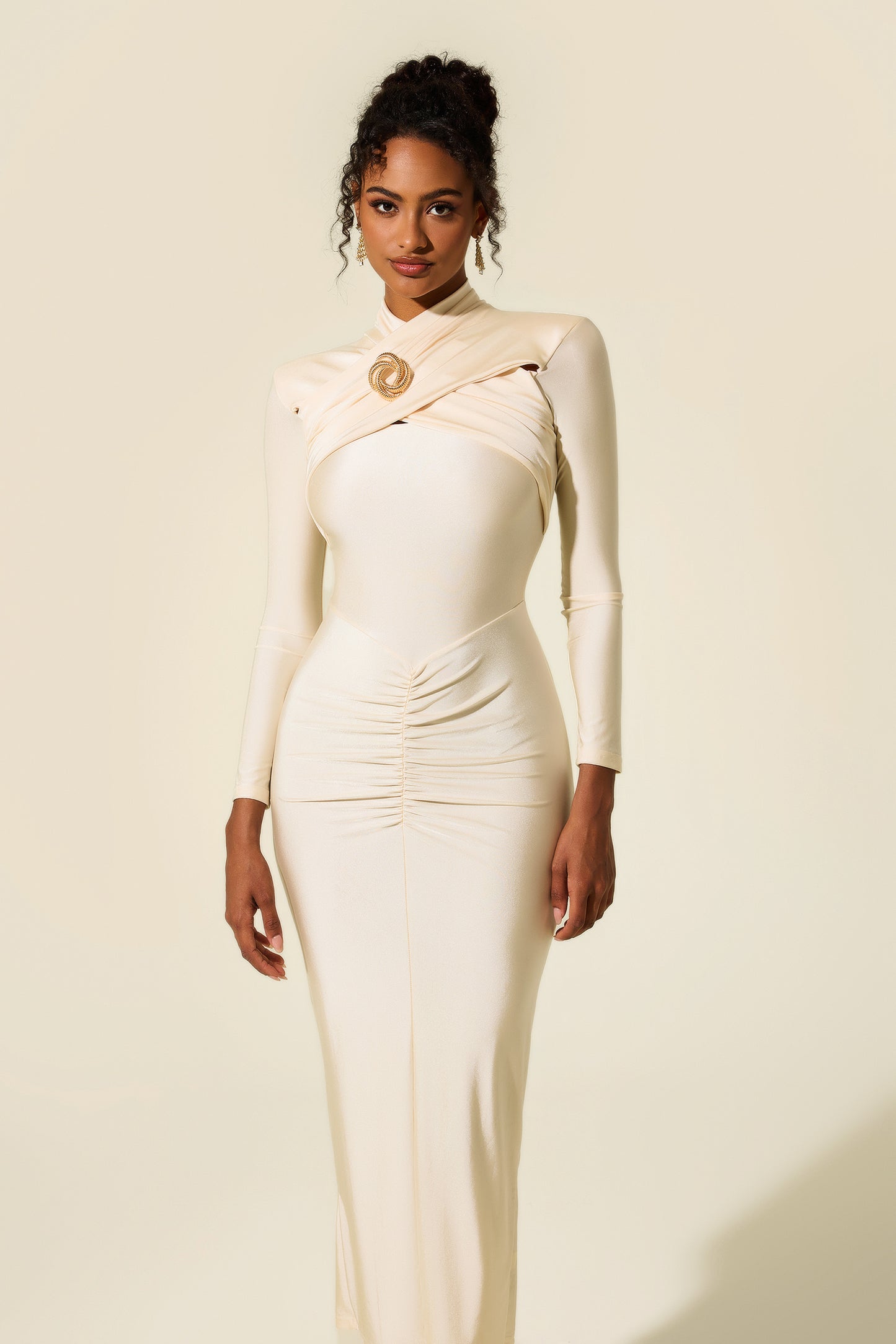 Vestido midi de manga larga con nudo de jersey 