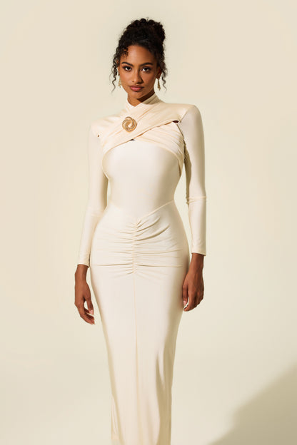 Vestido midi de manga larga con nudo de jersey 