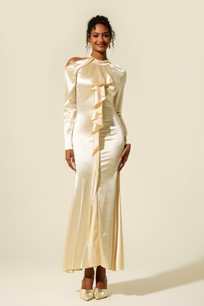 Solid Frill Cut-Out Midi Dress