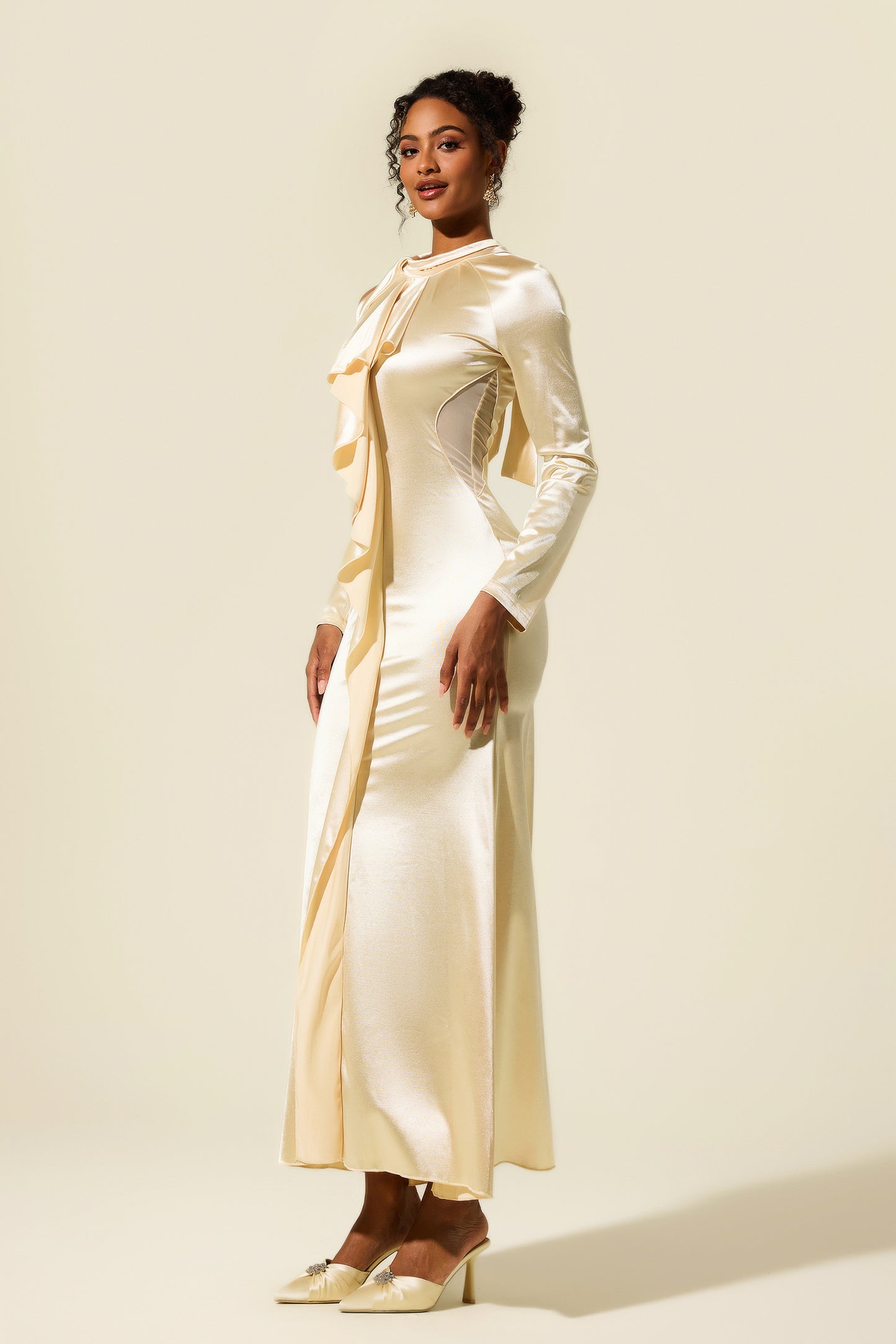 Solid Frill Cut-Out Midi Dress
