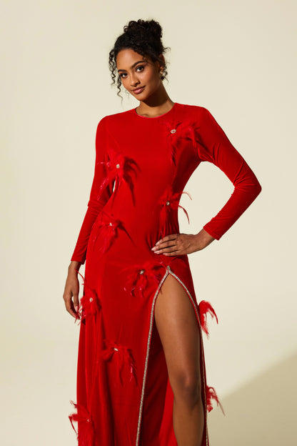 Velvet Feather Rhinestone Split Midi Dress