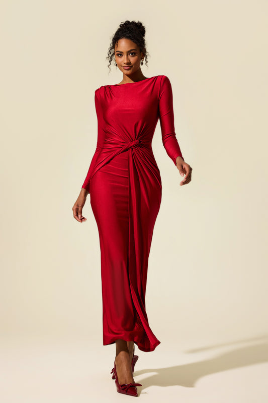 Vestido midi fruncido de jersey liso 
