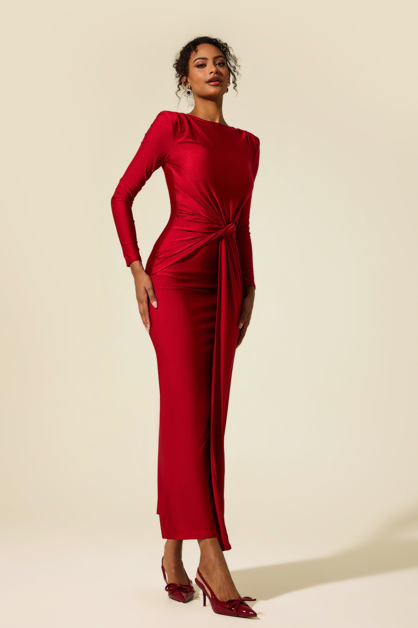 Vestido midi fruncido de jersey liso 