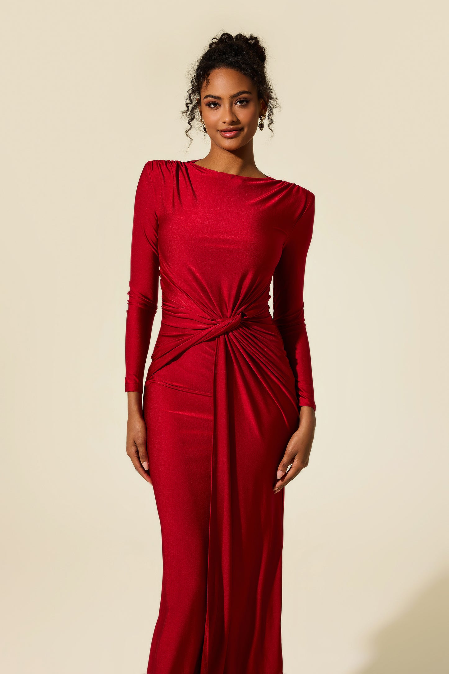 Vestido midi fruncido de jersey liso 