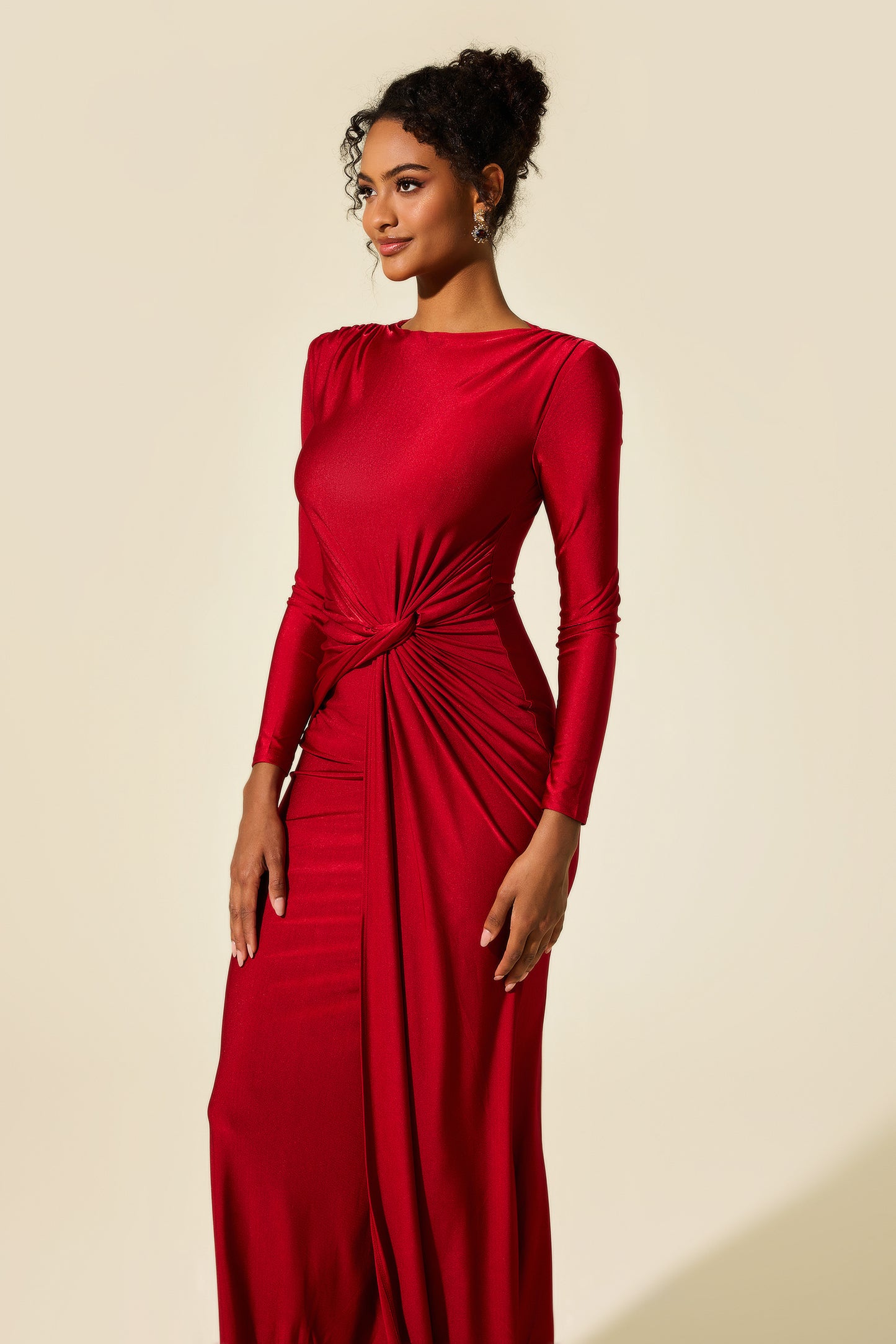 Vestido midi fruncido de jersey liso 
