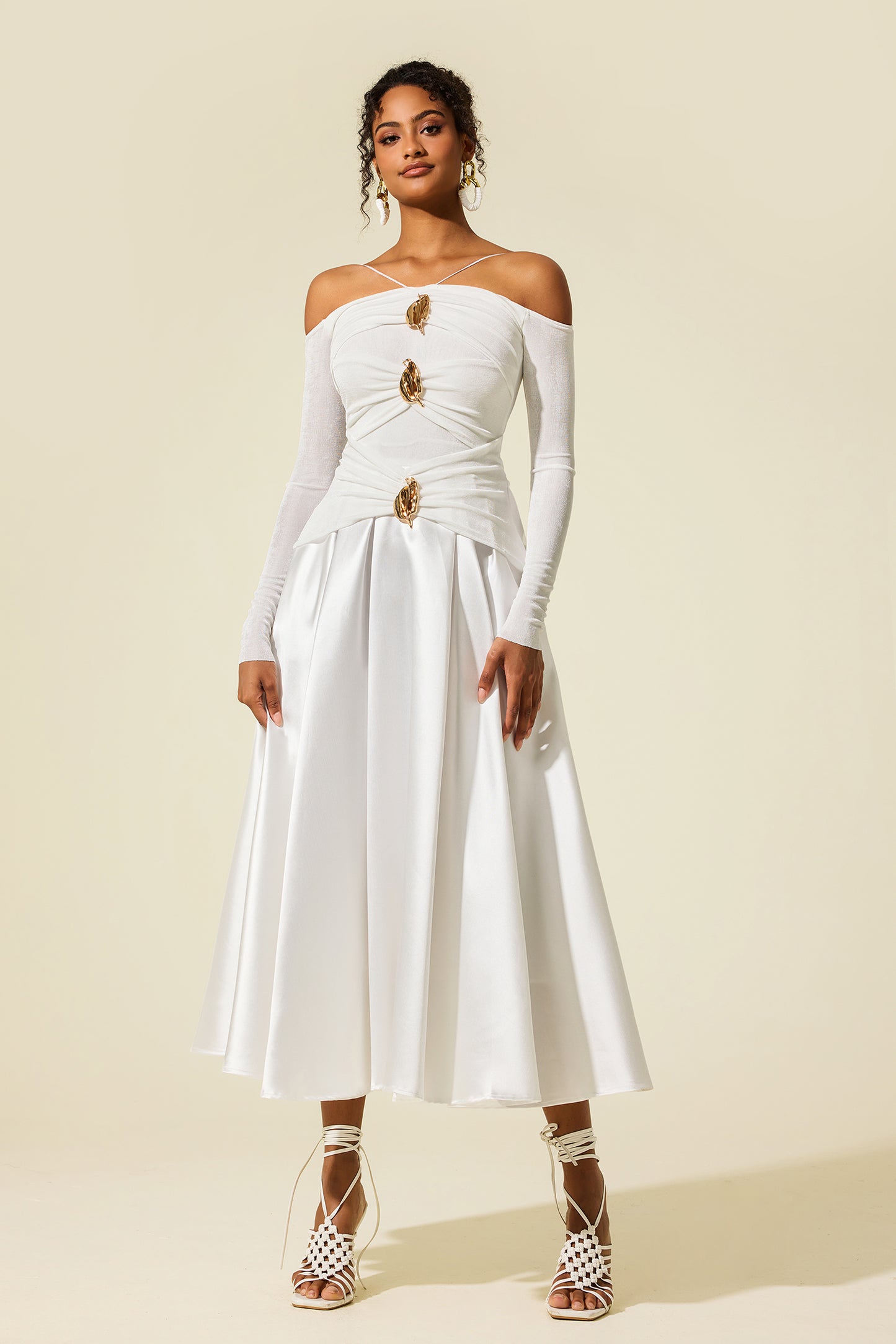 Satin Jersey Long Sleeve Off-Shoulder Midi Dress