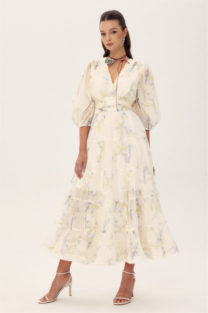 Stephanie Birds Printed V-neck Midi Dress