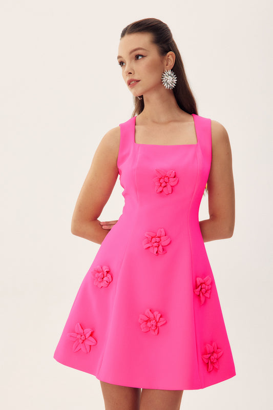 Minivestido con escote cuadrado y flores esculpidas Thera 