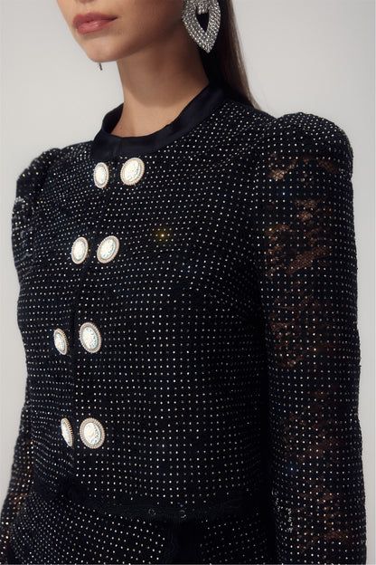 Conjunto de falda de encaje adornado con cristales violetas 
