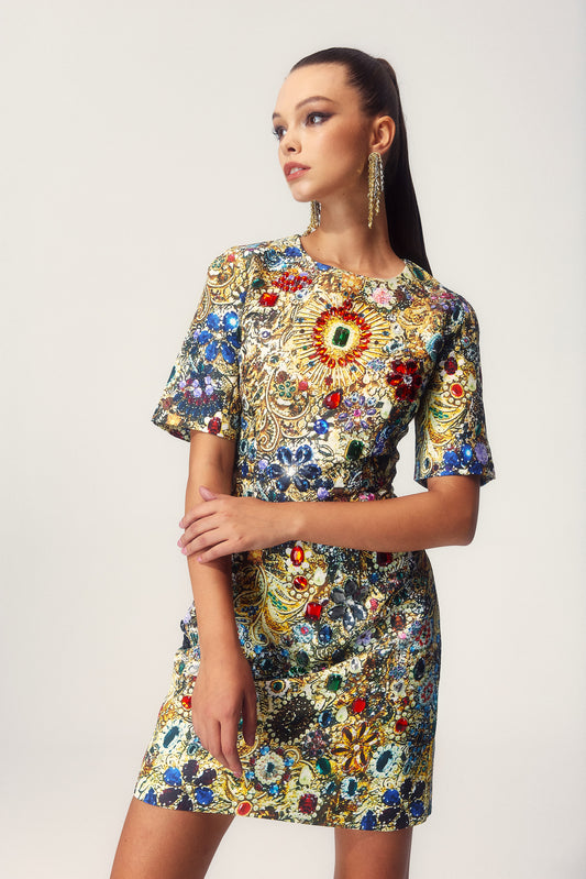 Minivestido Sabina de manga corta con adornos de diamantes de imitación 