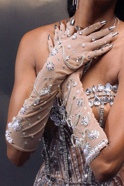 Guantes de perlas de cristal brillantes 