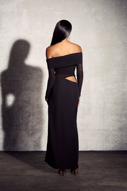 Vestido largo de malla transparente con hombros descubiertos Lillian 