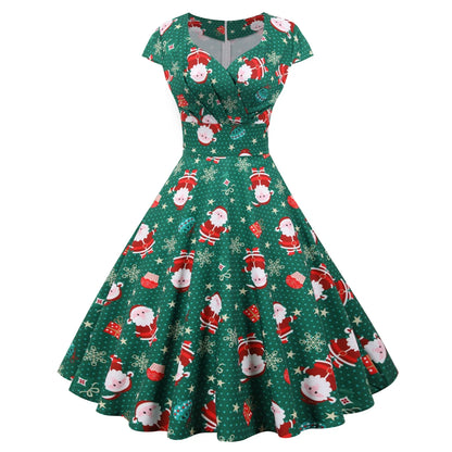 2025 Christmas Festival Dress Up Party Dresses Women Fashion Print Folds V-neck A-line Dress Lady Vintage Commuting Vestidos New