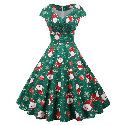 2025 Christmas Festival Dress Up Party Dresses Women Fashion Print Folds V-neck A-line Dress Lady Vintage Commuting Vestidos New