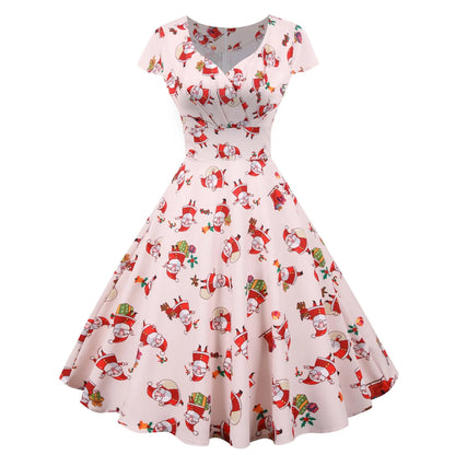 2025 Christmas Festival Dress Up Party Dresses Women Fashion Print Folds V-neck A-line Dress Lady Vintage Commuting Vestidos New