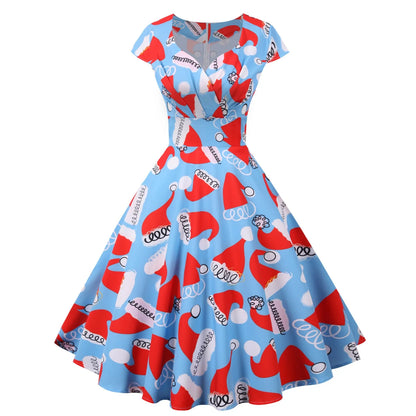 2025 Christmas Festival Dress Up Party Dresses Women Fashion Print Folds V-neck A-line Dress Lady Vintage Commuting Vestidos New