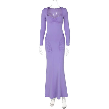 2025 Elegant Long Sleeve Party Dresses Sexy High Waist Slim Fit Women’s Evening Dress Fashion Solid Color Pleated Long Dresses
