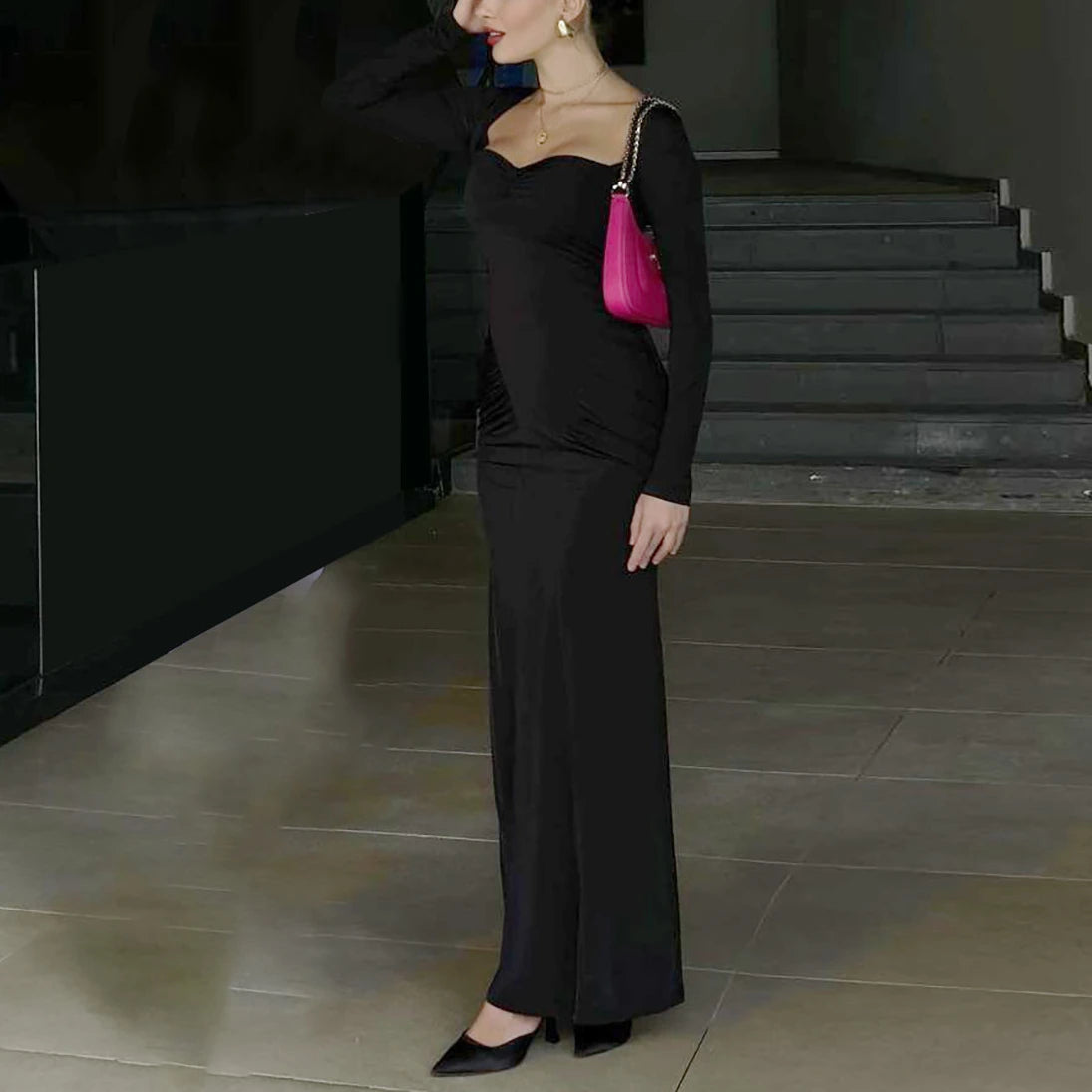 2025 Elegant Long Sleeve Party Dresses Sexy High Waist Slim Fit Women’s Evening Dress Fashion Solid Color Pleated Long Dresses
