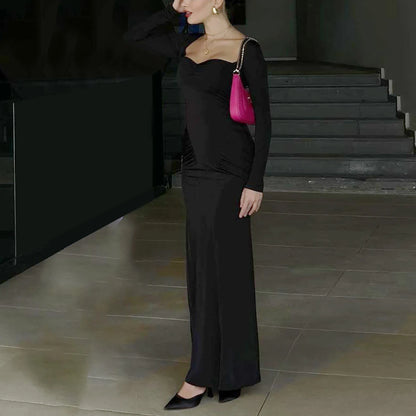 2025 Elegant Long Sleeve Party Dresses Sexy High Waist Slim Fit Women’s Evening Dress Fashion Solid Color Pleated Long Dresses