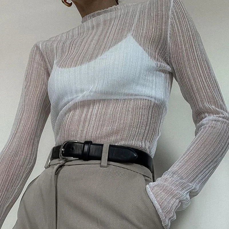 2025 Fall Elegant See Through Long Sleeve Mock Neck Women Tops Fashion Streetwear Sexy T-Shirts Tees Slim Clothes